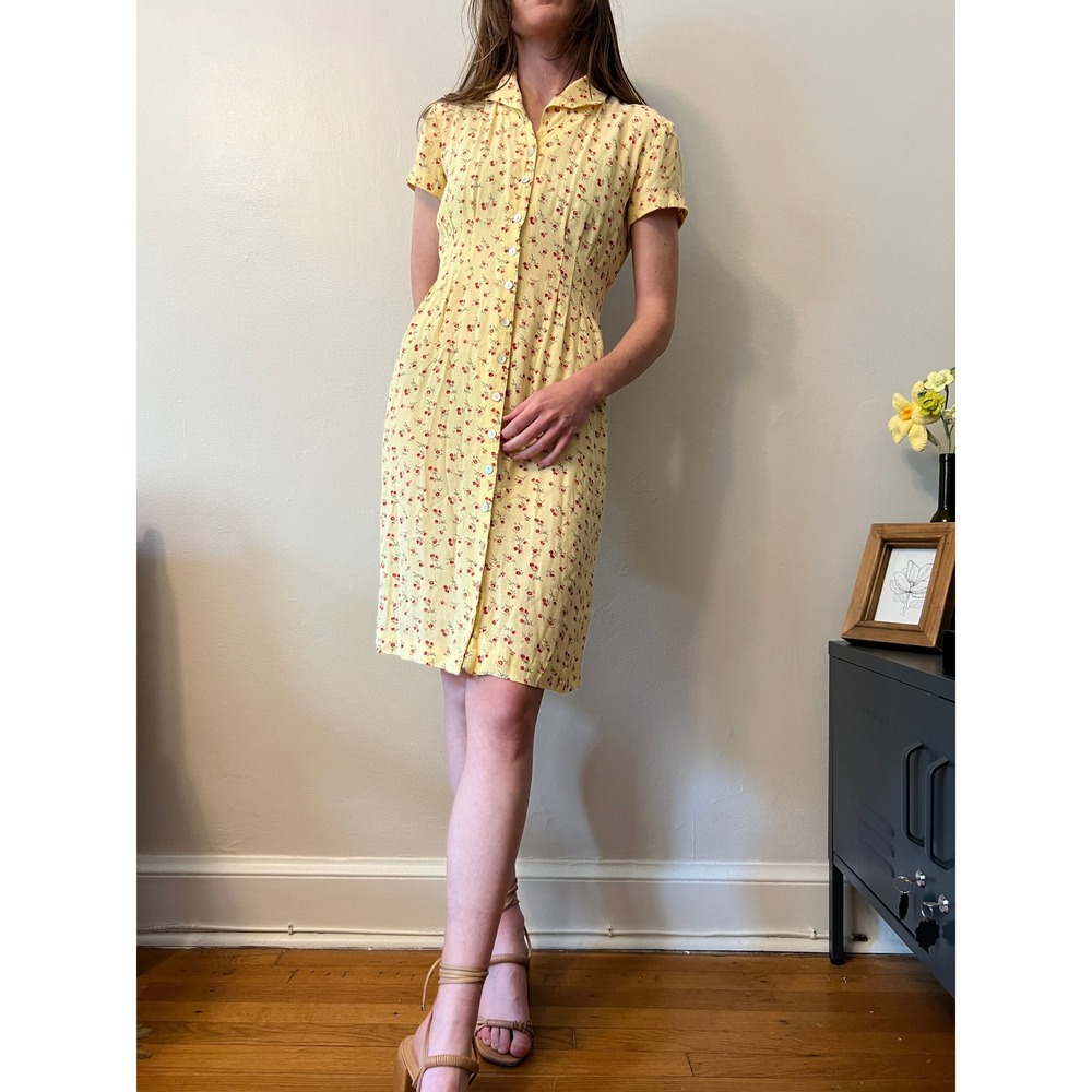 Vintage Yellow Sundress Sheri Martin New York Floral Button Front Rayon Size 6P